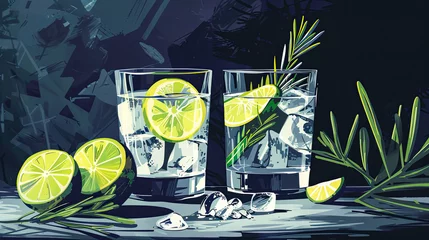 Fotobehang Gin Tonic Cocktail, umgeben von verstreuten Wacholder auf dem Tisch. Das Getränk befindet sich in einem eleganten Glas und hat eine satte Farbe.  © shokokoart