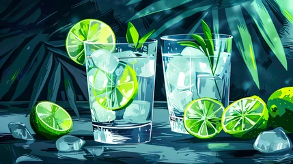 Fotobehang Gin Tonic Cocktail, umgeben von verstreuten Wacholder auf dem Tisch. Das Getränk befindet sich in einem eleganten Glas und hat eine satte Farbe.  © shokokoart
