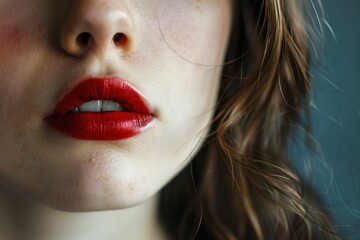 Close up portrait of a woman with freckles on her face and red lipstick, beauty concept