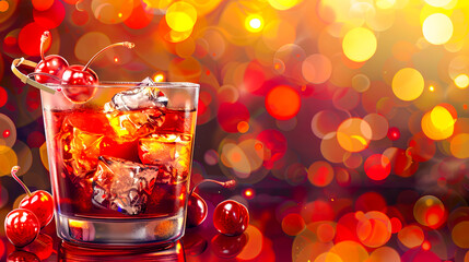 Sour Cherry Negroni Cocktail, umgeben von verstreuten Kirschen auf dem Tisch. Das Getränk befindet sich in einem eleganten Glas und hat eine satte Farbe. - obrazy, fototapety, plakaty