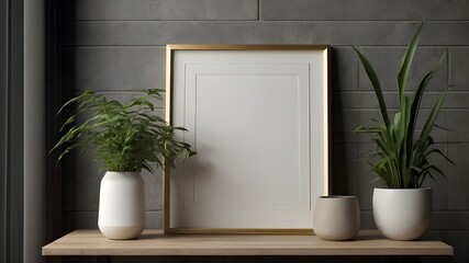 "Mock-up poster frame close-up on a shelf with decoration, rendered in 3D. The scene is indoors, in a modern living room setting with contemporary decor. The focus should be on the details of the post