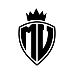 MV Letter monogram shield and crown outline shape with black and white color design