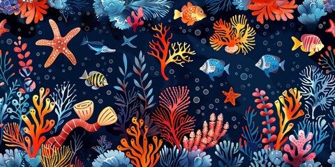 Wildlife from the ocean pictorial with a vivid, seamless motif over a somber backdrop lovely marine animals depicted and space, Generative AI. - obrazy, fototapety, plakaty