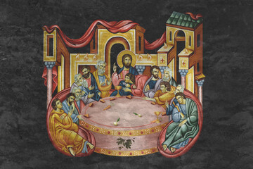 Christian traditional image of Holy Communion, the Last Supper. Religious illustration on black stone wall background in Byzantine style - 781354896