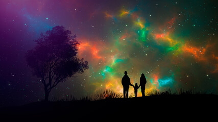 Family silhouette walking and watching the night sky with nebula, aurora borealis and stars. Space background - 781355073