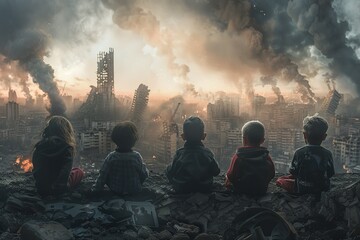 Witness the poignant portrayal of innocence lost as children sit before a city devastated by war, with tanks firing in the distance amid billows of smoke - obrazy, fototapety, plakaty