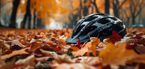 Bicycle helmet placed on fall leaves, copy space for text - obrazy, fototapety, plakaty