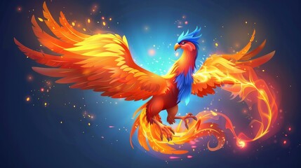 Illustration of a phoenix firebird cartoon character with flaming red plumage and steaming wings. Symbol of immortality and regeneration from ashes.
