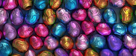 Fototapeta na wymiar A background of colorful foilwrapped chocolate eggs