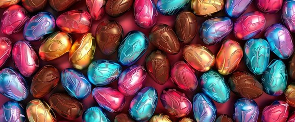 Fototapeta na wymiar A background of colorful foilwrapped chocolate eggs