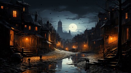 A black cat crossing a moonlit cobblestone street shadowy figures in the background - obrazy, fototapety, plakaty