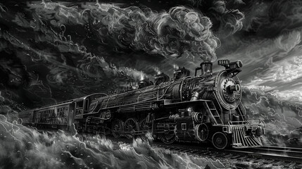 Steam engine train, steampunk sketch, generative AI, engraving look, scratch board, monochrome.