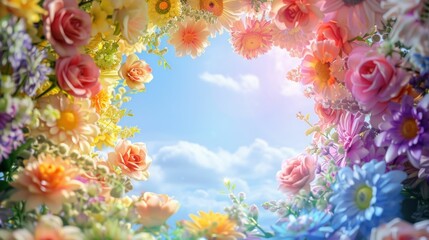 Vibrant Floral Arrangement in Frame with Blue Sky and Clouds Background for Nature and Garden Concepts