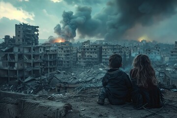 Witness the poignant portrayal of innocence lost as children sit before a city devastated by war, with tanks firing in the distance amid billows of smoke