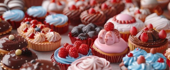 A close up photo of many different types and shapes of pastries, with some chocolate covered and fruit tarts in the top right corner
