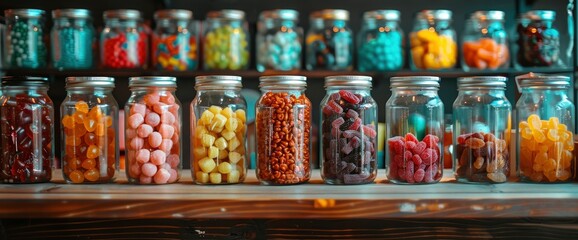 A closeup of glass jars filled with colorful candies and dried fruits, arranged on shelves in an old-fashioned candy shop - obrazy, fototapety, plakaty