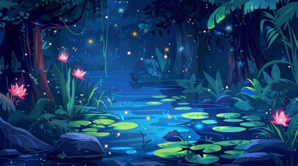 . Modern illustration of swamp in tropical forest at night with fireflies. Water lilies, a pond or river, and tree trunks.