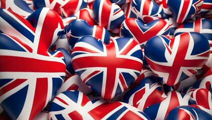 A numerous of  glossy hearts with the British flag design, symbolizing love for Britain, patriotic background, country, union jack