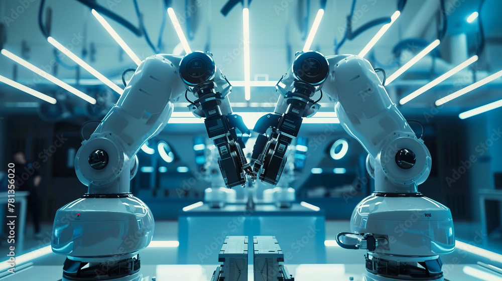 Poster robotic arms assemble electronics in a high-tech facility, symbolizing the pinnacle of automation an