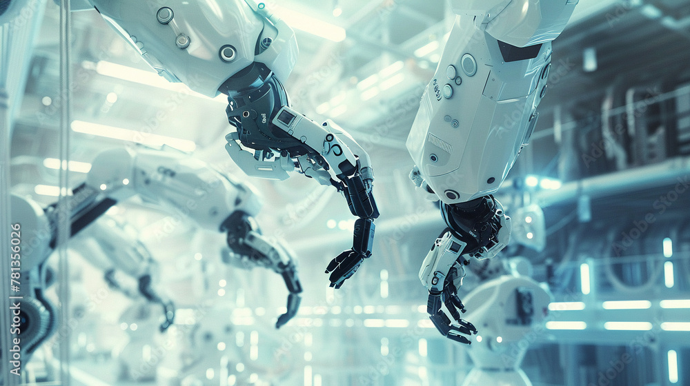 Poster robotic arms assemble electronics in a high-tech facility, symbolizing the pinnacle of automation an