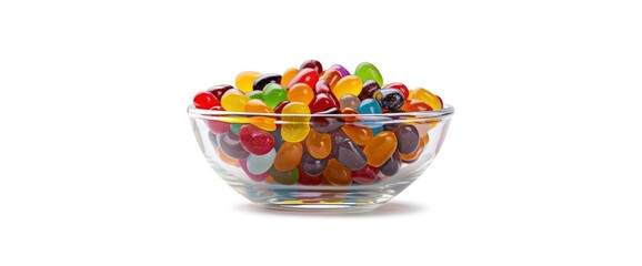A glass bowl full of colorful jelly beans isolated on a white background