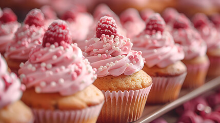 Delicious homemade vanilla cupcakes with pink frosting and fresh raspberries on top, adorned with...