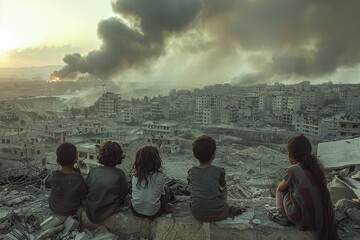 Witness the poignant portrayal of innocence lost as children sit before a city devastated by war, with tanks firing in the distance amid billows of smoke - obrazy, fototapety, plakaty