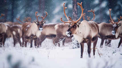 Herd of reindeer in winter - 781356068