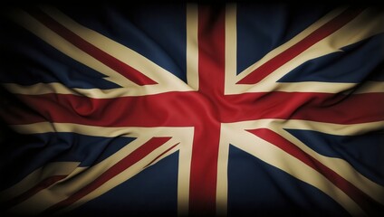 The top view of the UK flag fluttering in the air, with a grunge style, on a black background, union jack, national pride concept 