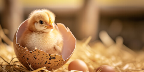 Newborn chick peeking out of eggshell on straw