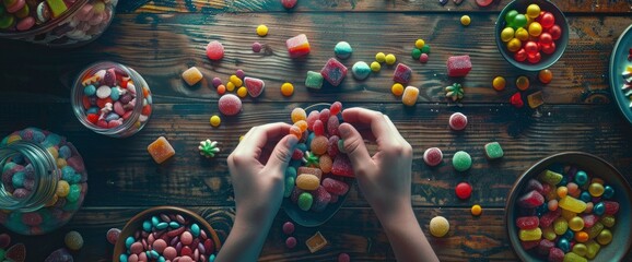 Obraz premium A top view of hands reaching for sweets, surrounded by colorful candies and bonbons on a wooden table