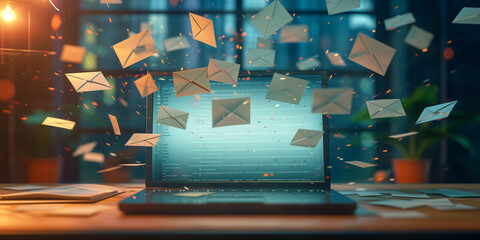 Overflowing email concept with flying envelopes from laptop screen