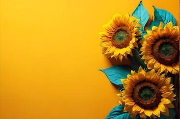 Sunflowers on yellow summer background with copy space