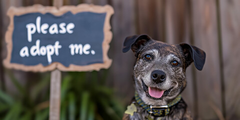Smiling dog beside 'please adopt me' sign, hopeful expression