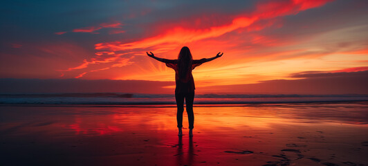 Woman embracing sunset on beach with vibrant skies