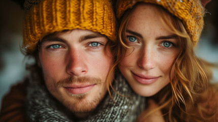 Young couple in knit hats sharing a warm embrace in winter