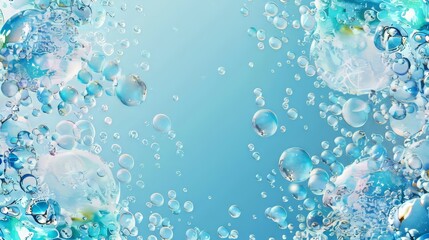 Border with bubbles of water, soda, beer, or carbonated soda on transparent background. 3D modern frame with realistic underwater fizzing droplets. - obrazy, fototapety, plakaty