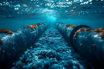Fiber optic cables laid on ocean floor for telecommunication and internet. Concept Underwater cabling, Submarine networks, Telecommunication infrastructure, Internet connectivity