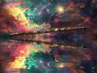 Bassoon, sounds casting ripples across the surface of a moonlit lake on an alien planet, reflections of colorful galaxies, whimsical and sharp