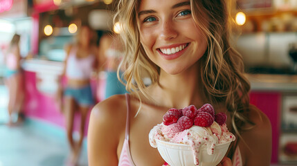 Young woman eating a big cup of ice cream with raspberries.