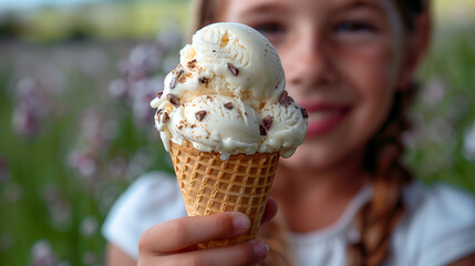Ice cream cone held by a child.