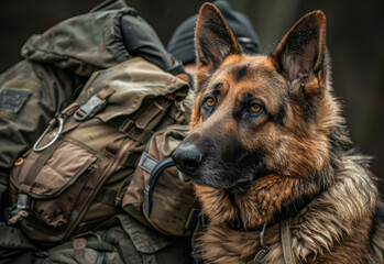German shepherd sits next to backpack and soldier in forest