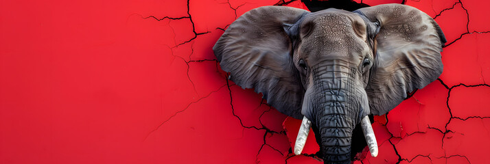 Captivating image of an elephant coming through a cracked red surface, symbolizing bold transformation - obrazy, fototapety, plakaty