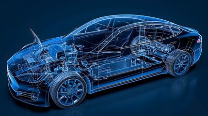 Detailed Blueprint-Style Transparent Electric Vehicle Showcasing Advanced Motor and Battery Technology