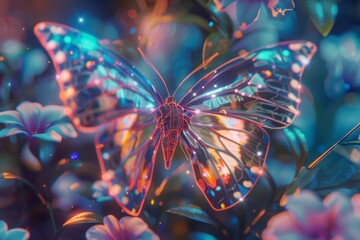 Mechanical butterfly, wings spread, closeup, iridescent panels, neon outlines, against a blurred floral background, ethereal glow