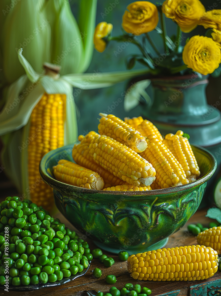 Wall mural Corn and peas in bowl. A photo taken of peas and corn on a table