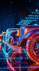 Wireframe antique car collection, showroom angle, highlighted in futuristic neon against classic shapes, vivid and detailed - obrazy, fototapety, plakaty