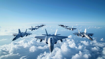 Wireframe fighter squadron in formation, cloud level, sharp turns, sleek silver and blue lines, clear blue sky, detailed - obrazy, fototapety, plakaty