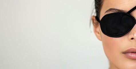 Beautiful woman with an adjustable medical black patch on one eye. For the treatment of strabismus, lazy eye and amblyopia. Banner with copy space.