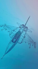 Wireframe fighter jet in ascent, 34 view, skyhigh angle, vivid cyan and magenta, clear sky background, detailed silhouette